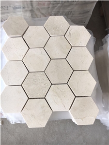 2" Hexgon Crema Marfil Mosaic Tile Marble Bathroom Wall Tile