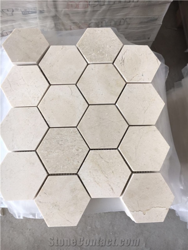 2" Hexgon Crema Marfil Mosaic Tile Marble Bathroom Wall Tile