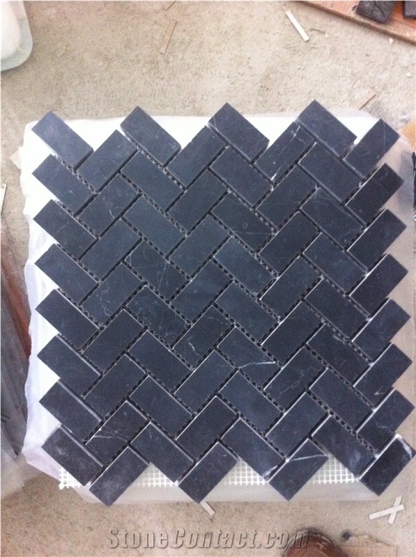 Black Marquina Chevron Floor Mosaic Design Marble Backsplash