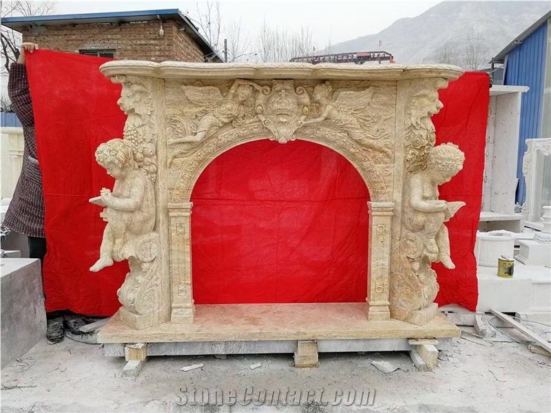 Carved Travertine Indoor Fireplace Sculptured Modern Mantel