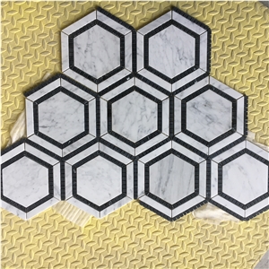 Chipped Marble Waterjet Mosaic Pattern Nero Marquina Hexagon