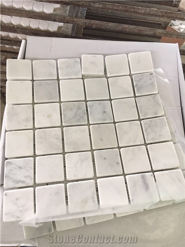 Chipped Square Marble Mosaic Tile Tumbled Carrara Backsplash
