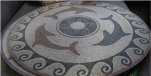 Marble Mosaic Carpet Floor Medallion Dolphin Round Pattern 