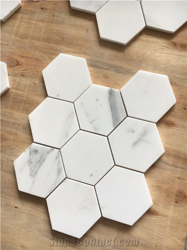 Marble Mosaic Design 4" Hexagon Calacatta Bath Floor Tile 