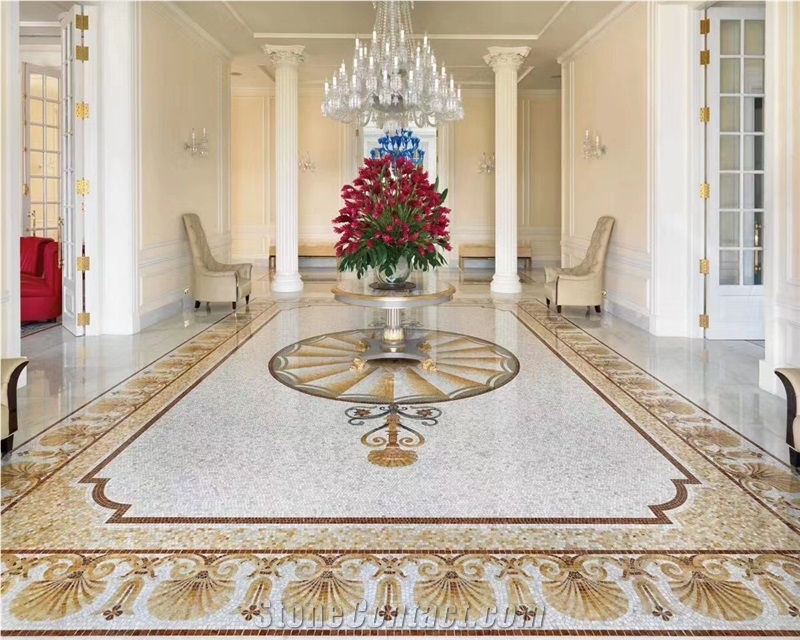 Marble Mosaic Floor Carpet Medallion Calacatta Gold Rosettes