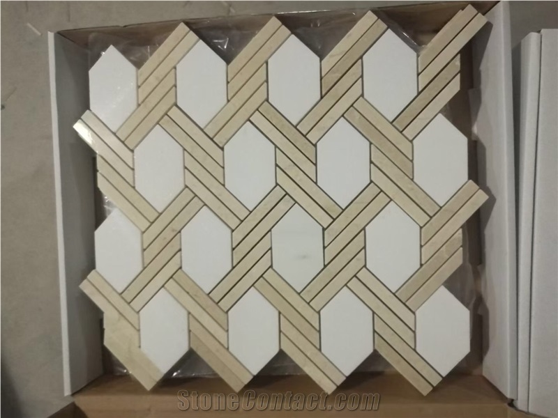 Mixed Marble Water-Jet Mosaic Floor White Wood Pattern Tile