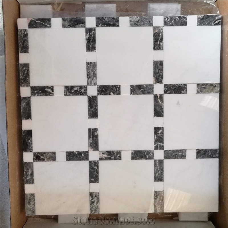 Mixed Marble Water-Jet Mosaic Floor White Wood Pattern Tile