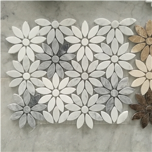 Waterjet Thassos Mosaic Flower Pattern Marble Wall Design 