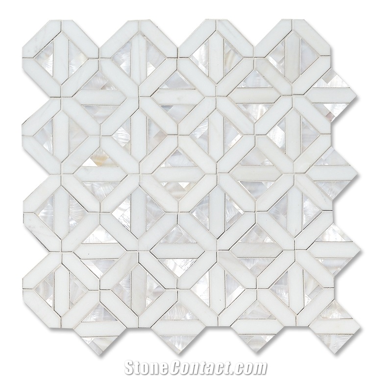 Thassos White Marble And Shell Waterjet Mosaic 