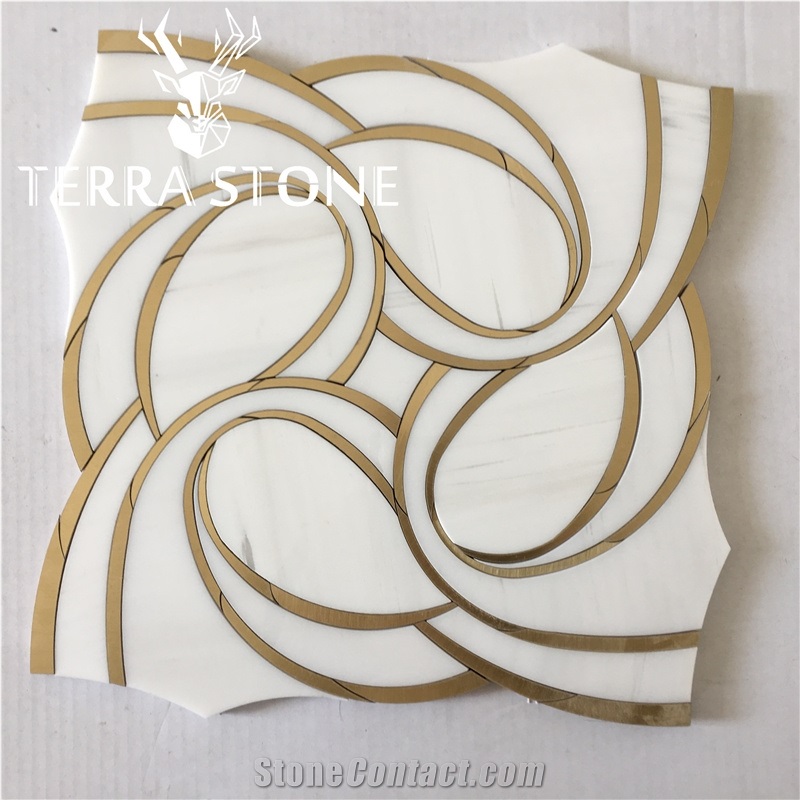 Water Jet Marble Floor Tile With Brass Inlay Mosaic Pattern