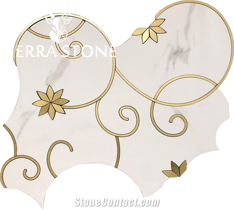Water Jet Marble Mosaic With Brass Tile Floral Design