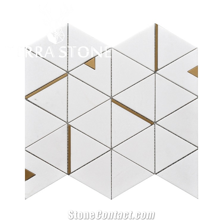 Water Jet White Marble Mosaic Brass Triangle Wall Tile