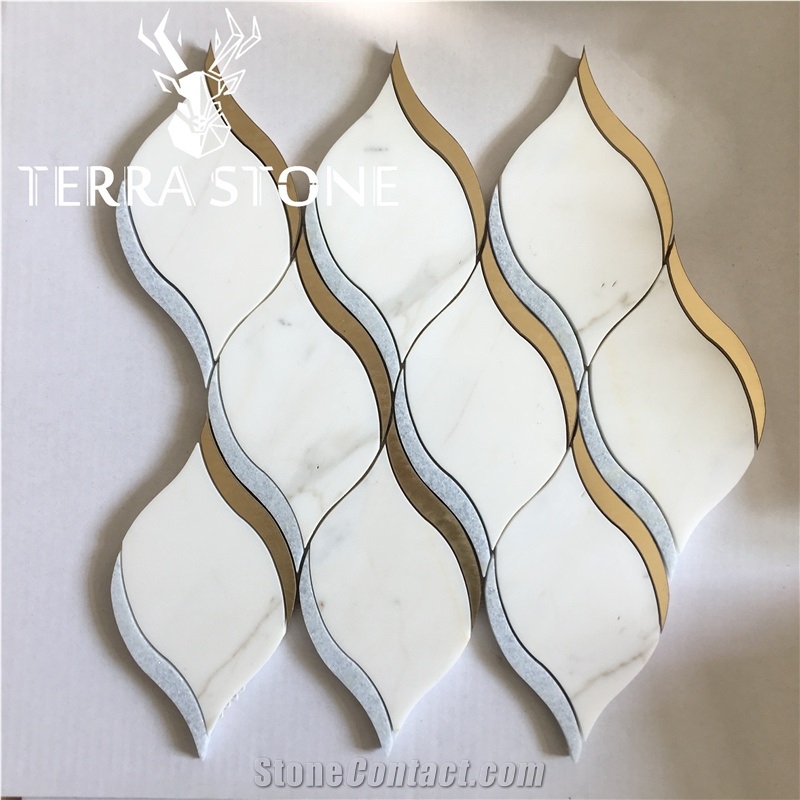 Waterjet Brass Mosaic Thassos White Marble Tile