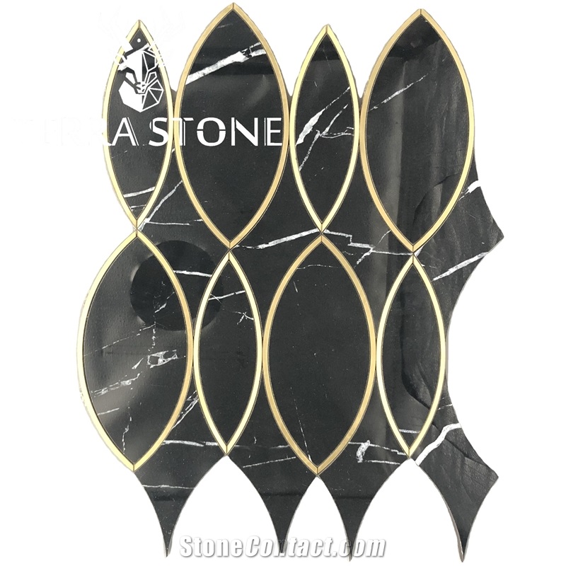 Waterjet Marble Mosaic Nero Marquina With Brass Tile