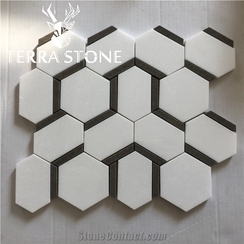 Waterjet White Black Marble Mosaic Patterns For Floor