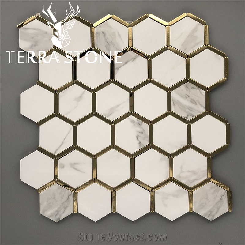 White Marble Hexagon Mosaic With Stainless Steel Waterjet
