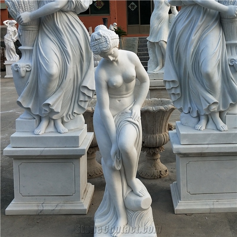 Bath Woman White Marble Sculpture