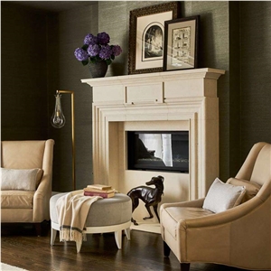Beige Limestone Living Room Fireplace