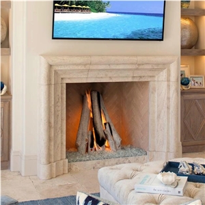 Beige Natural Gtravertine Stone Modern Fireplace Mantel
