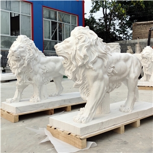 White Marble Lion Sculpture, White 4' Tall