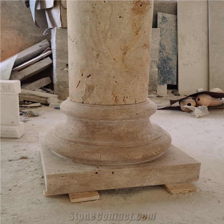 Outdoor Natural Beige Travertine Stone Carved Column
