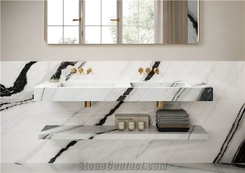 Panda White Marble Vanity Top Double Basin Hotel Project