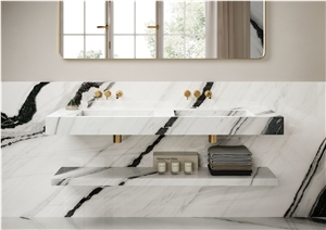 Panda White Marble Vanity Top Double Basin Hotel Project