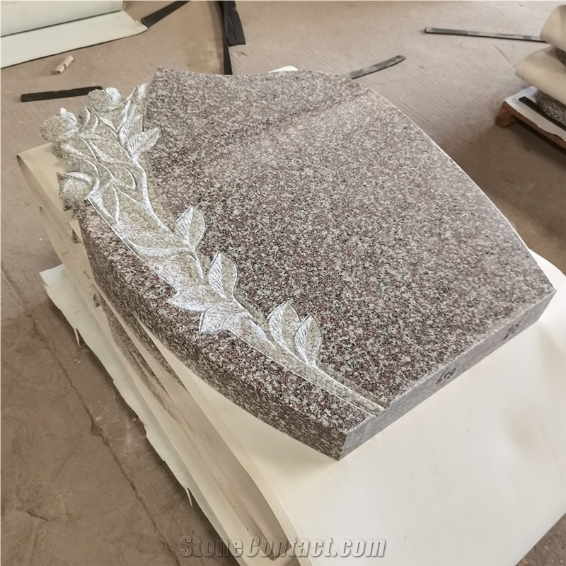 China Pink Granite Headstones With Rose Carving
