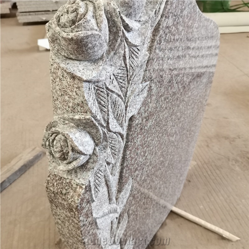 China Pink Granite Monument With Rose Carving