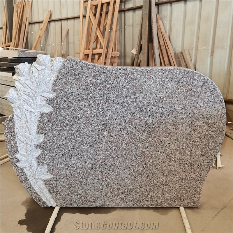 China Polished Pink Granite Tombstone With Flower Caving