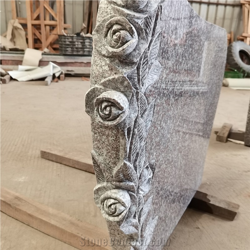 G664 China Pink Granite Headstones With Flower Carving