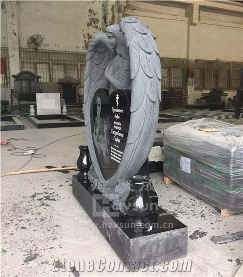 Angel Wing Holding Heart Granite Monument Headstone 