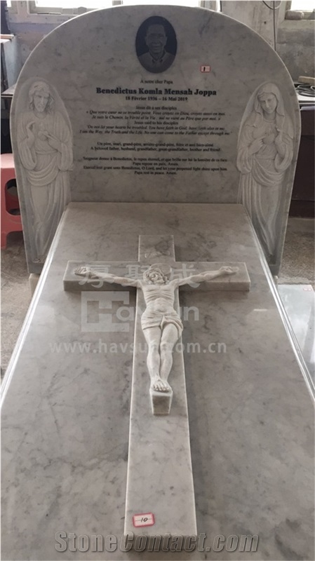 White Marble Carved Jesus Mary Cross Tombstone  Headstone 