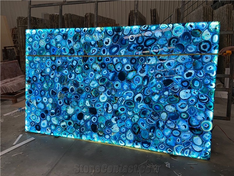 Backlit Blue Semiprecious Agate For Villa Wall Panel Slab