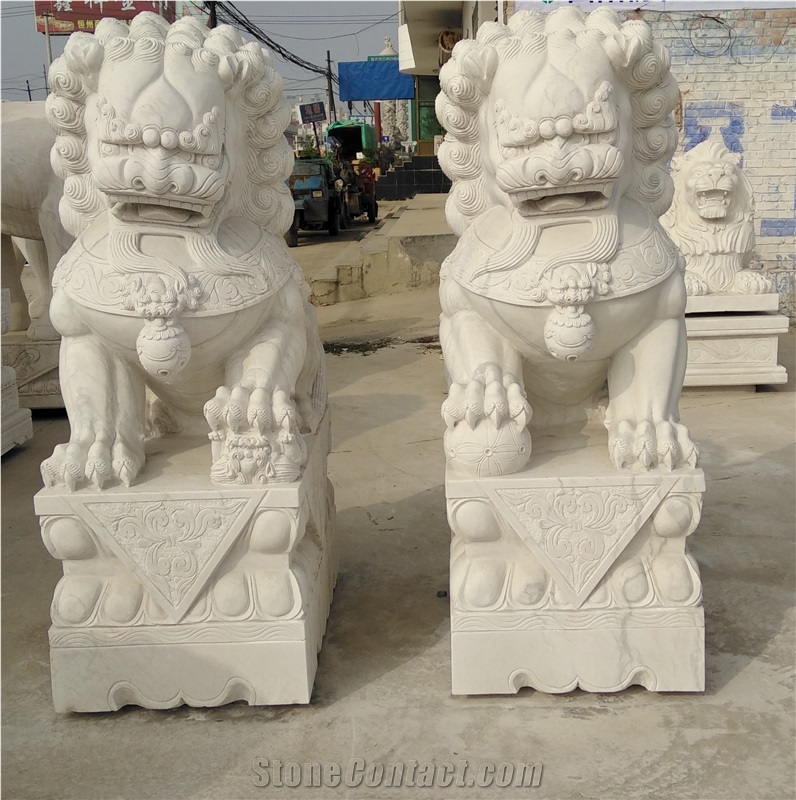 White Marble Fu Dog Sculpture Chinese Foo Dog Statue