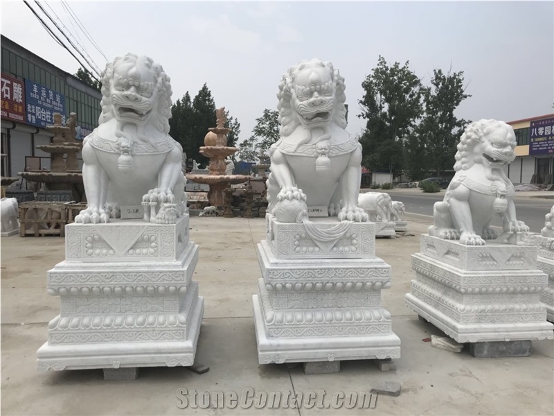 White Marble Fu Dog Sculpture Chinese Foo Dog Statue