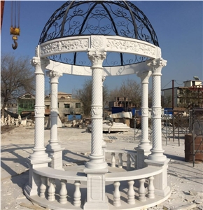 White Marble Gazebo With Iron Roof Used For Garden