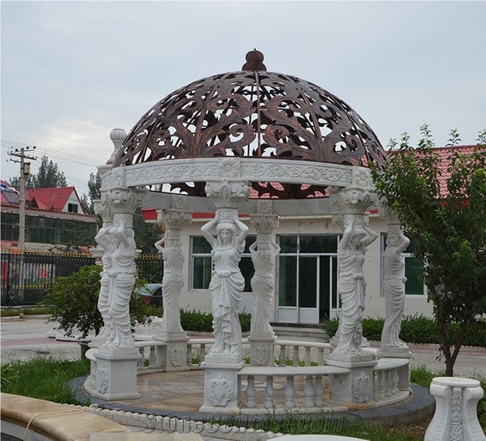 White Marble Gazebo With Iron Roof Used For Garden