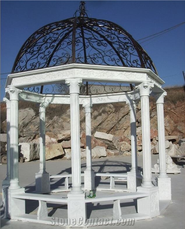 White Marble Gazebo With Iron Roof Used For Garden