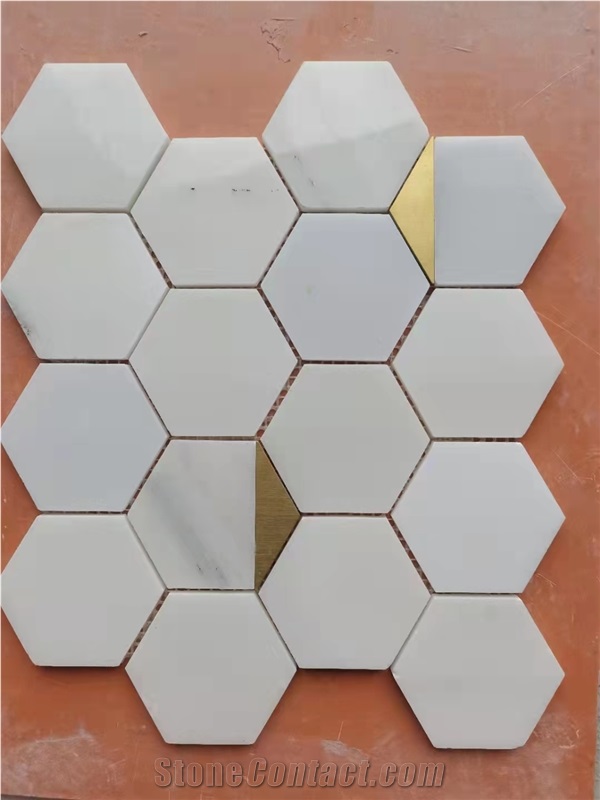 Calacatta Pure White Hexgon With Golden Pattern Floor Mosaic