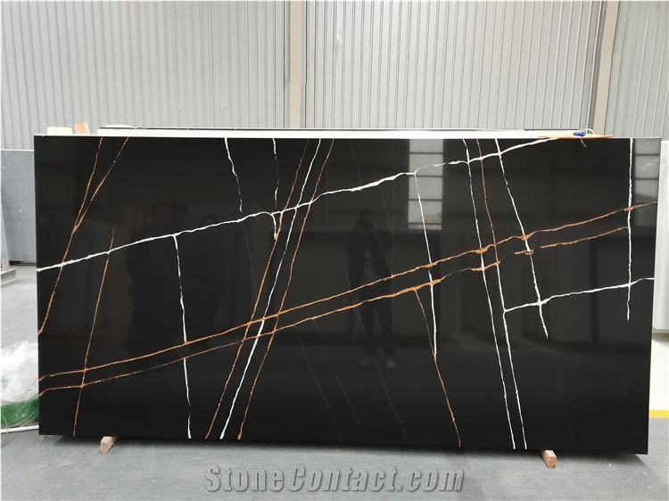 Luxurious Artificial Stone Gold Vein Black Quartz Table Top 
