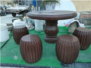 China Dark Brown Wood Marble Table Set Stone Bench