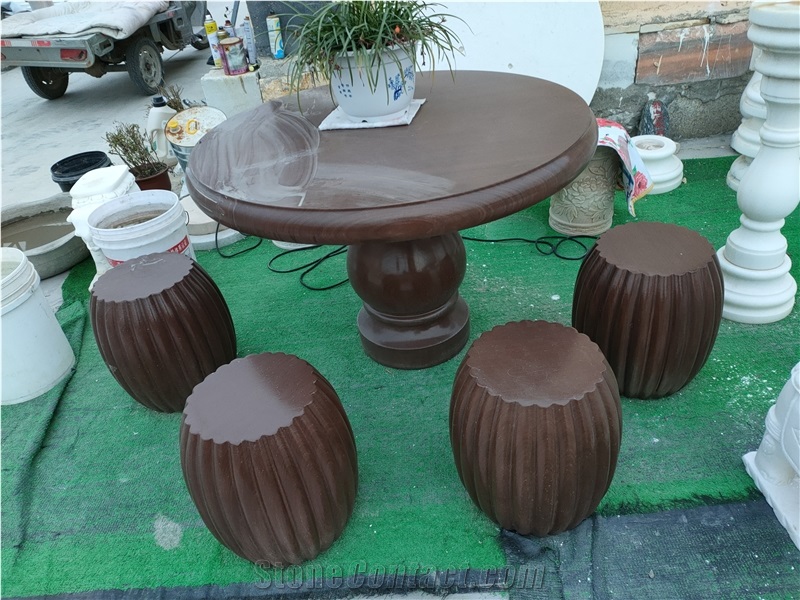 China Dark Brown Wood Marble Table Set Stone Bench
