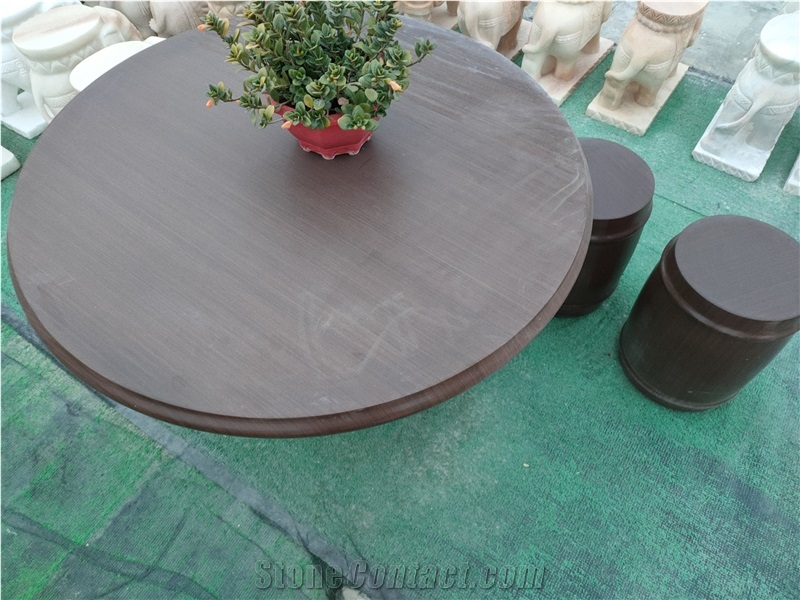 China Dark Brown Wood Marble Table Set Stone Bench