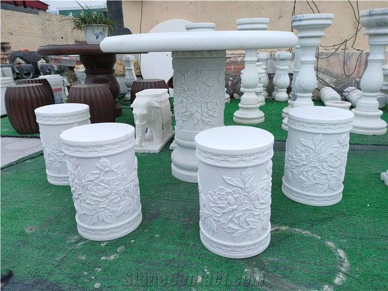 Good White Marble Stone Outdoor Furniture Table Set