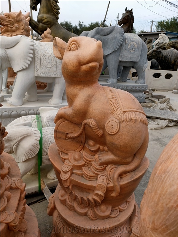 Red Marble Dog Stone Carving Chinese Zodiac Statues
