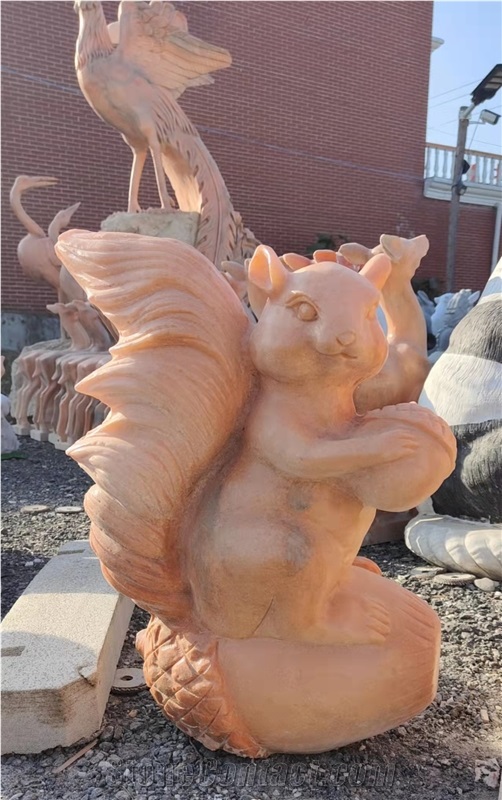Red Sunset Marble Stone Garden Squirrel Animal Sculpture 