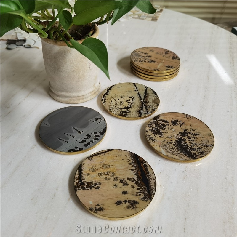 Natural  Fossil Stone Coaster With Brass Bottom Anti-Scald
