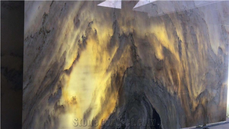 Backlit Landscape Painting Marble Slab Tiles Featured Wall