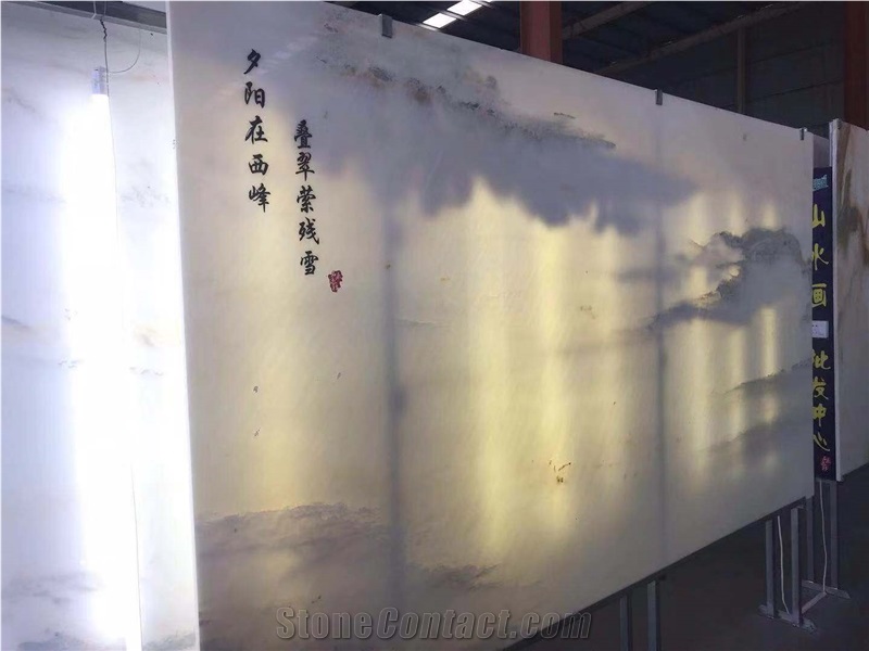Backlit Landscape Painting Marble Slab Tiles Featured Wall